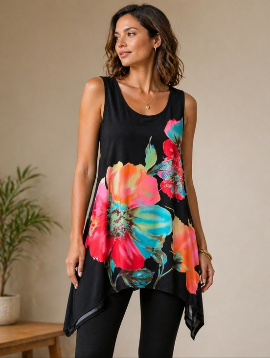 Bali Tops - Bali | Black Tank Top with Vibrant Floral Print, Ptp 18 1/2" To 25"